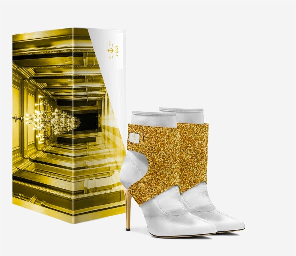 J•LOVE™ Luxe White & Gold Italian Suede Stiletto Ankle Boots