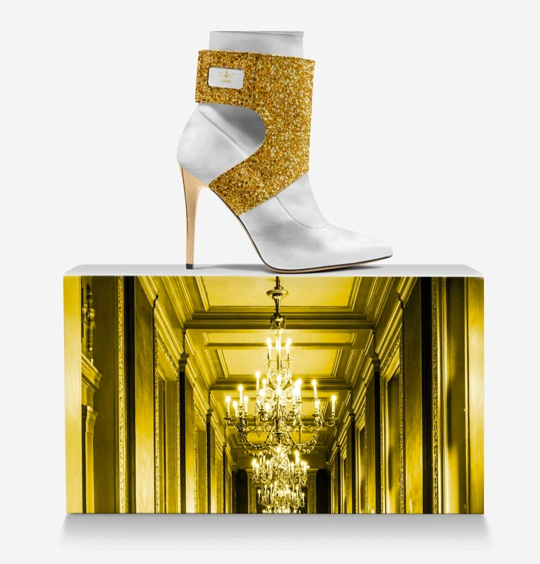 J•LOVE™ Luxe White & Gold Italian Suede Stiletto Ankle Boots