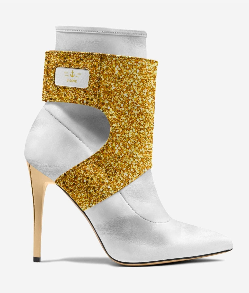 J•LOVE™ Luxe White & Gold Italian Suede Stiletto Ankle Boots