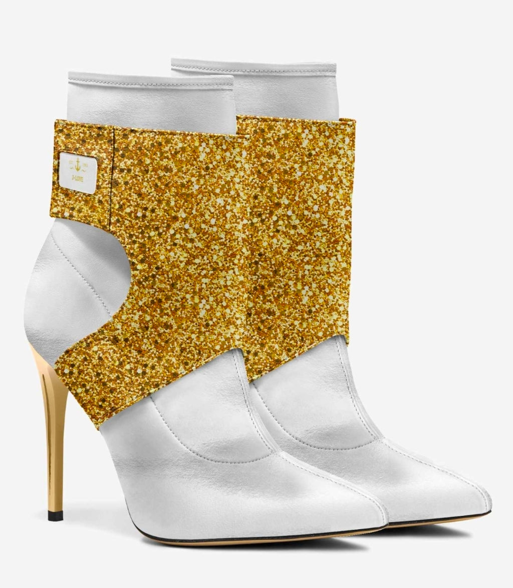 J•LOVE™ Luxe White & Gold Italian Suede Stiletto Ankle Boots