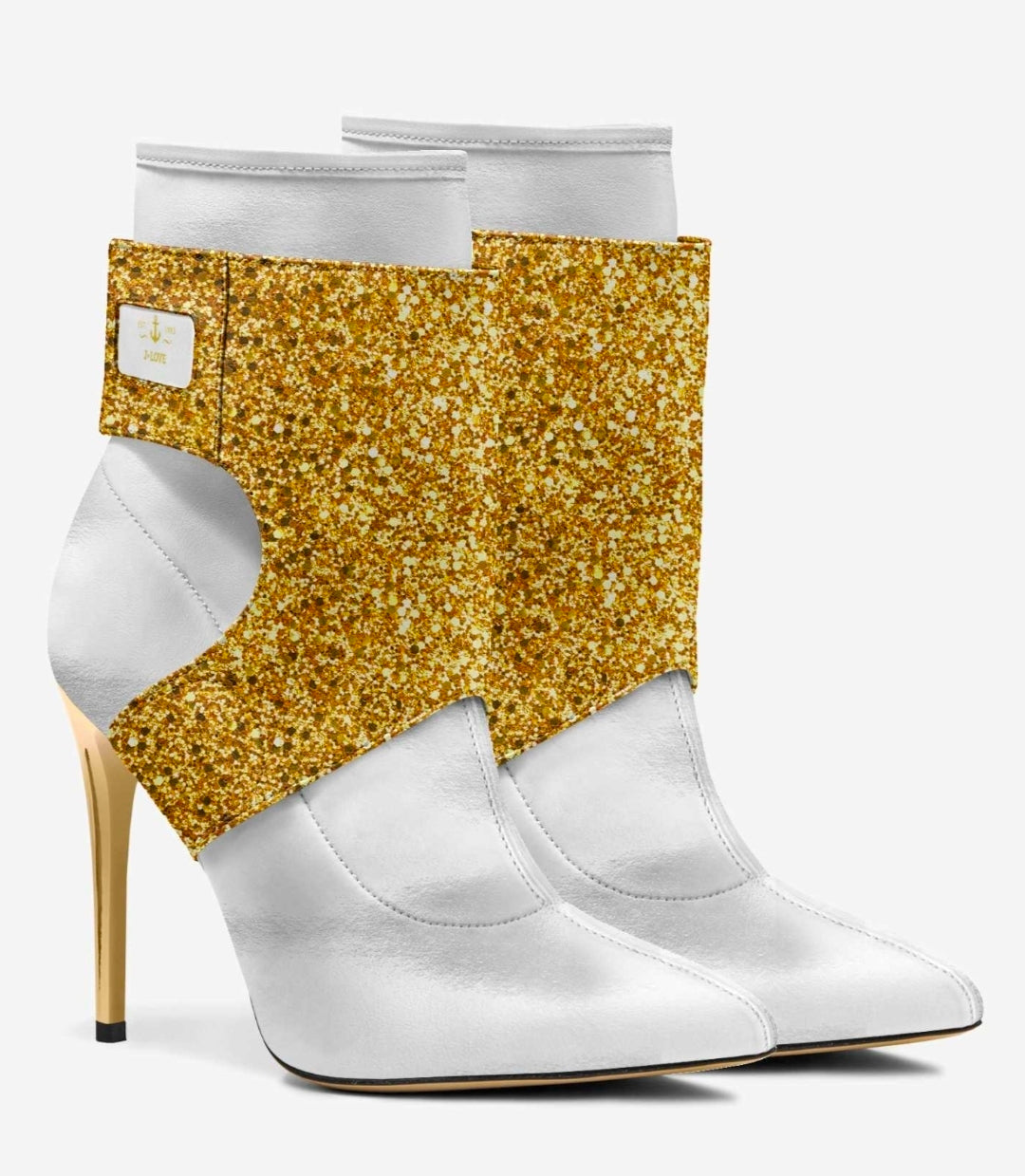 J•LOVE™ Luxe White & Gold Italian Suede Stiletto Ankle Boots