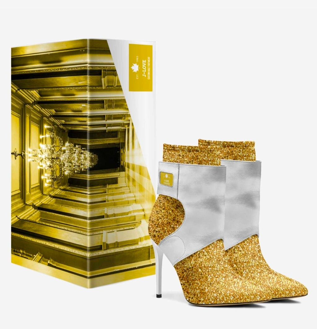 J•LOVE™ Luxe White & Gold Italian Suede Stiletto Ankle Boots