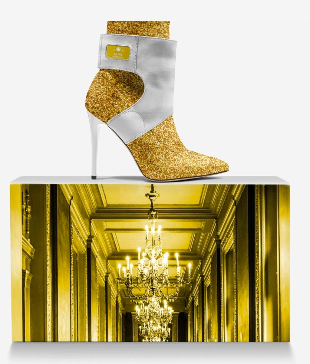 J•LOVE™ Luxe White & Gold Italian Suede Stiletto Ankle Boots