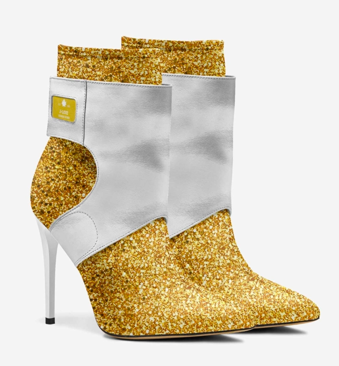 J•LOVE™ Luxe White & Gold Italian Suede Stiletto Ankle Boots