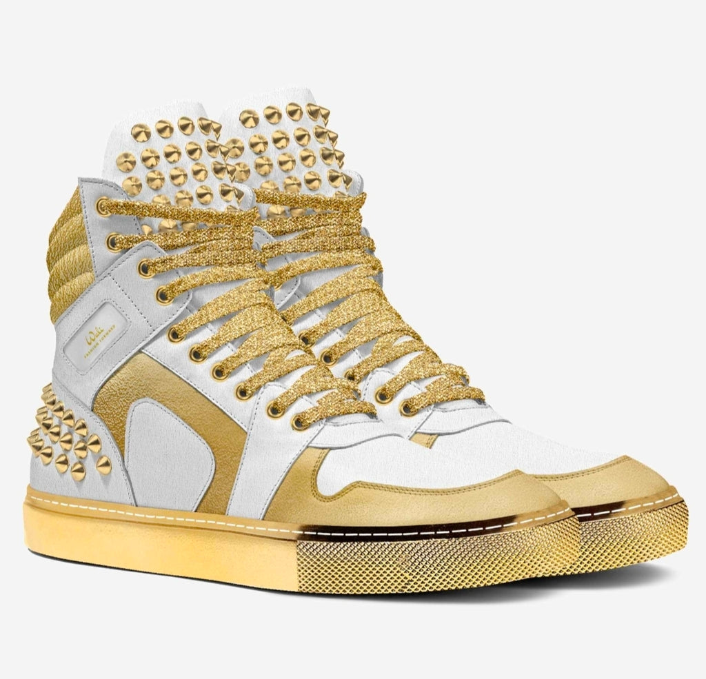 Wali™ White & Gold Italian Suede Studded Luxury Hightops