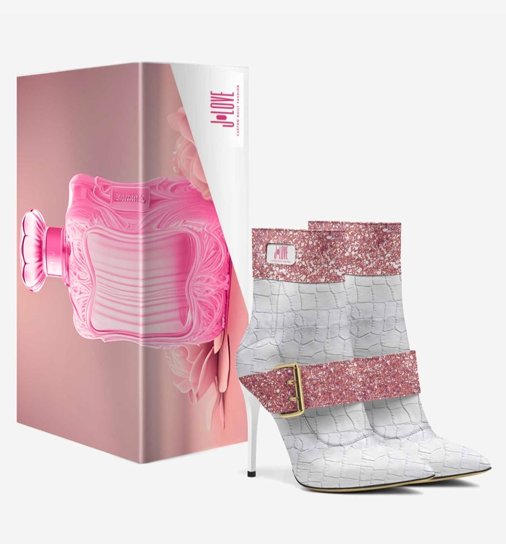 J•LOVE™ Luxe Pink Glitter & White Croc-Print Eco-Bio Leather The Luxe Kiss Stiletto Ankle Boots by Unique Luxe Designer Jennifer Michener