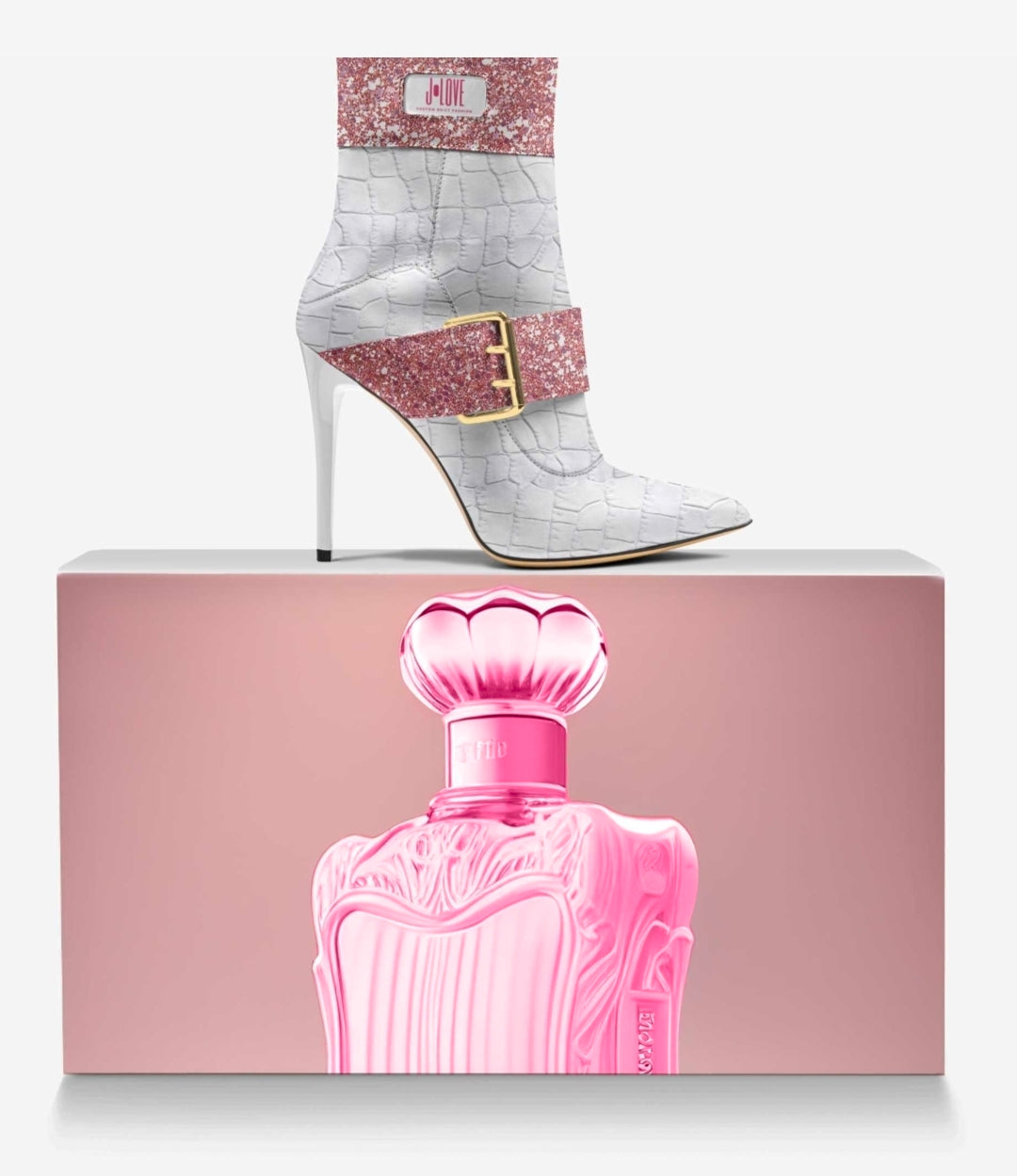 J•LOVE™ Luxe Pink Glitter & White Croc-Print Eco-Bio Leather The Luxe Kiss Stiletto Ankle Boots by Unique Luxe Designer Jennifer Michener
