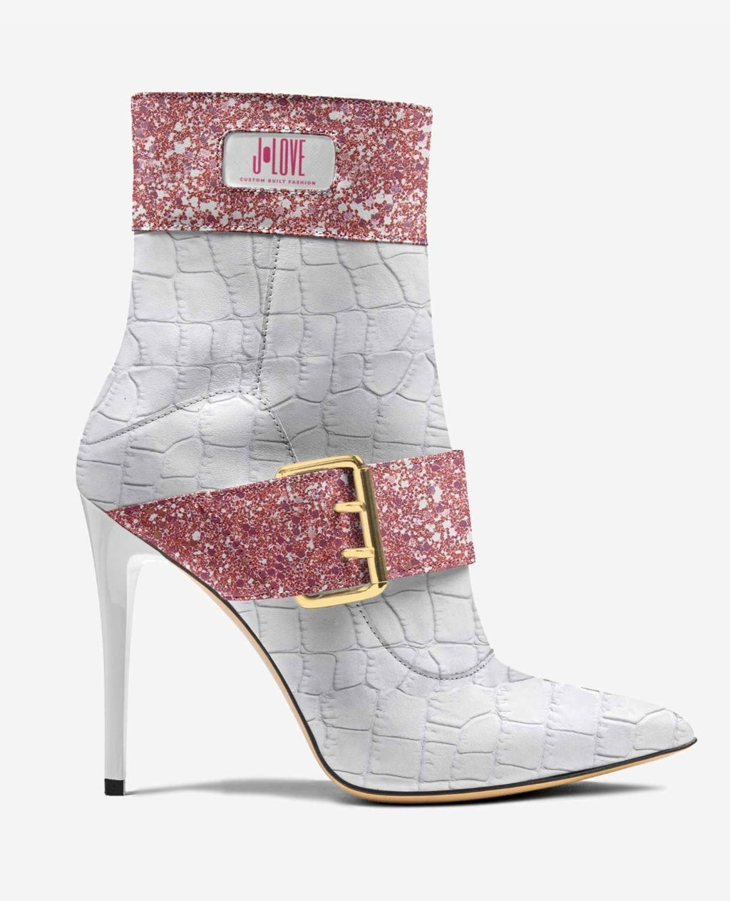 J•LOVE™ Luxe Pink Glitter & White Croc-Print Eco-Bio Leather The Luxe Kiss Stiletto Ankle Boots by Unique Luxe Designer Jennifer Michener