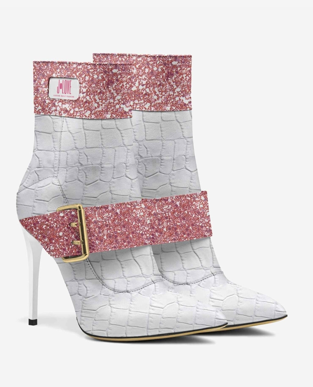 J•LOVE™ Luxe Pink Glitter & White Croc-Print Eco-Bio Leather The Luxe Kiss Stiletto Ankle Boots by Unique Luxe Designer Jennifer Michener