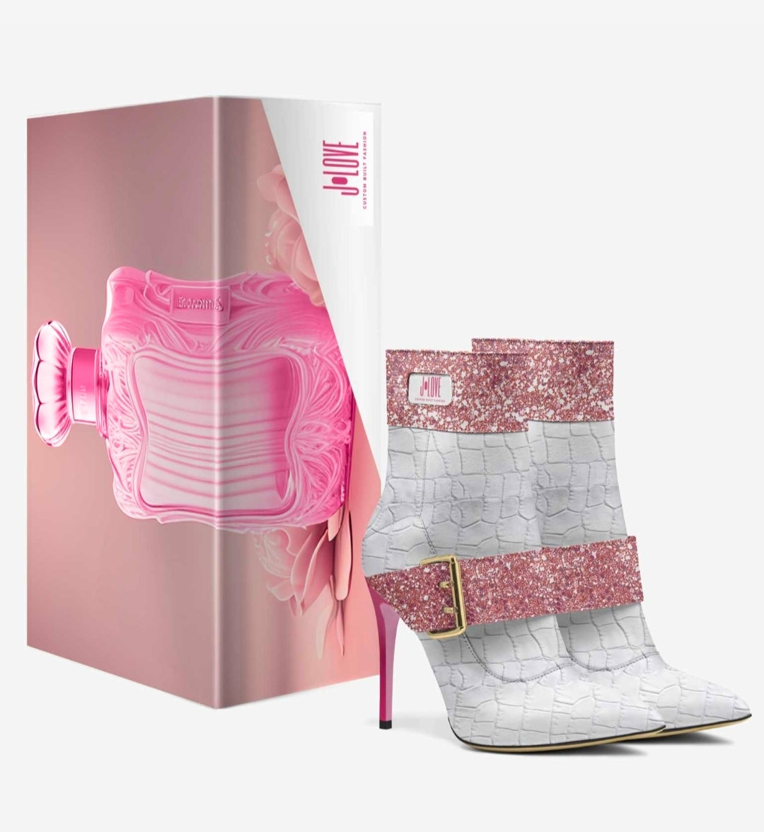 J•LOVE™ Luxe Pink Glitter & White Croc-Print Eco-Bio Leather The Luxe Kiss Stiletto Ankle Boots by Unique Luxe Designer Jennifer Michener