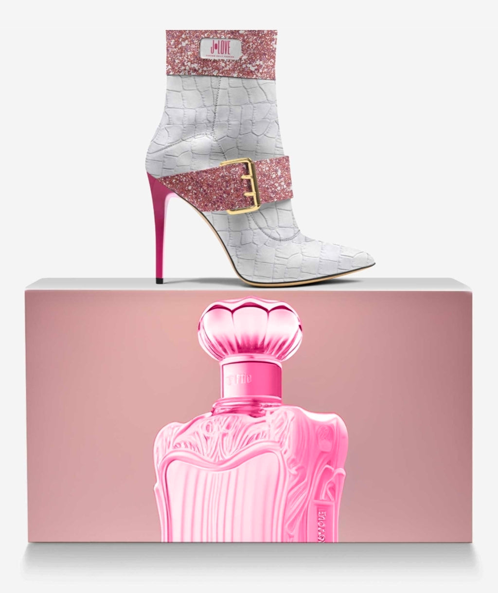 J•LOVE™ Luxe Pink Glitter & White Croc-Print Eco-Bio Leather The Luxe Kiss Stiletto Ankle Boots by Unique Luxe Designer Jennifer Michener