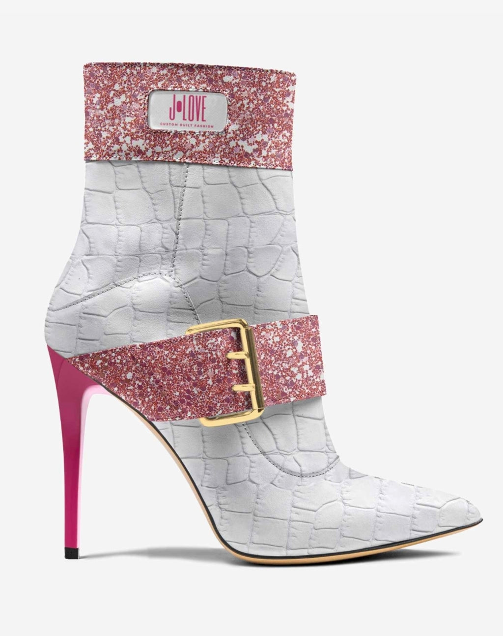 J•LOVE™ Luxe Pink Glitter & White Croc-Print Eco-Bio Leather The Luxe Kiss Stiletto Ankle Boots by Unique Luxe Designer Jennifer Michener