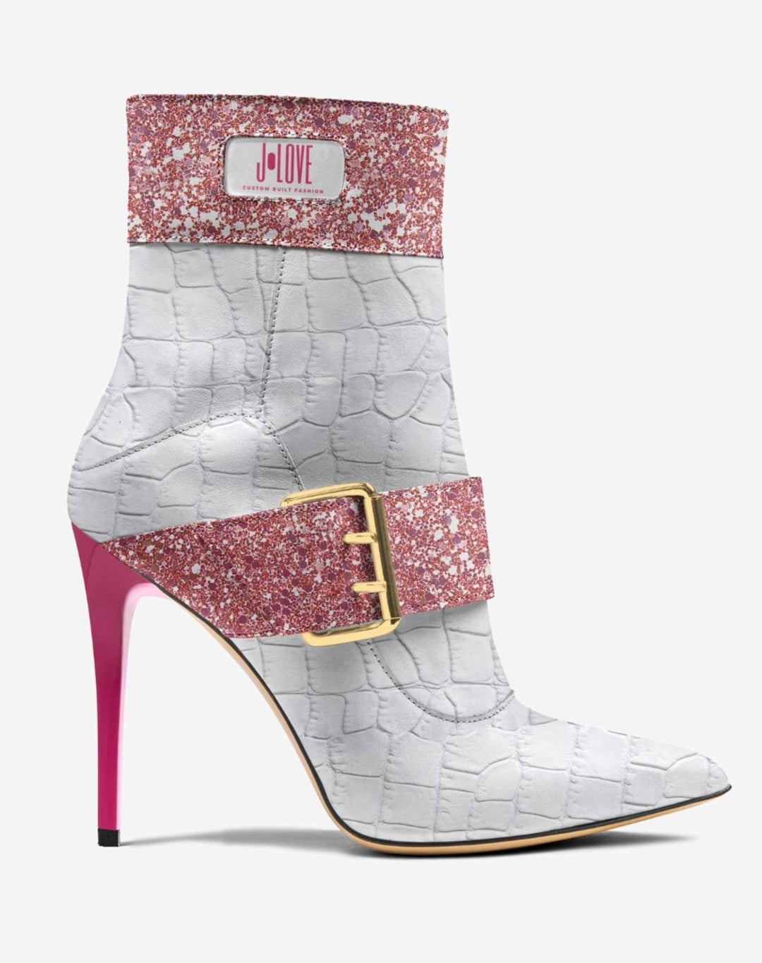 J•LOVE™ Luxe Pink Glitter & White Croc-Print Eco-Bio Leather The Luxe Kiss Stiletto Ankle Boots by Unique Luxe Designer Jennifer Michener