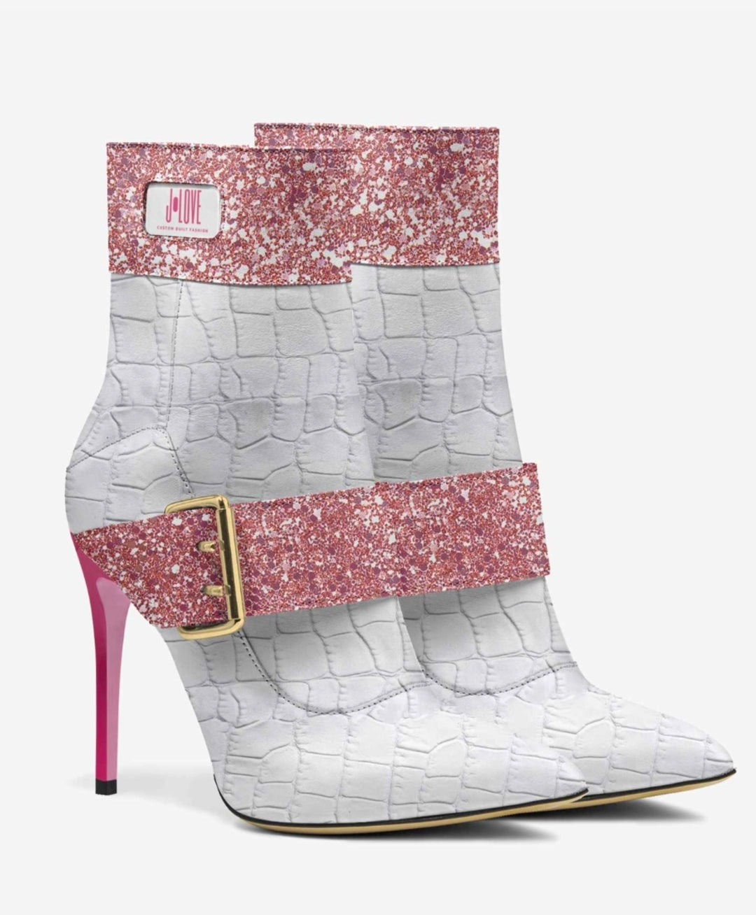 J•LOVE™ Luxe Pink Glitter & White Croc-Print Eco-Bio Leather The Luxe Kiss Stiletto Ankle Boots by Unique Luxe Designer Jennifer Michener