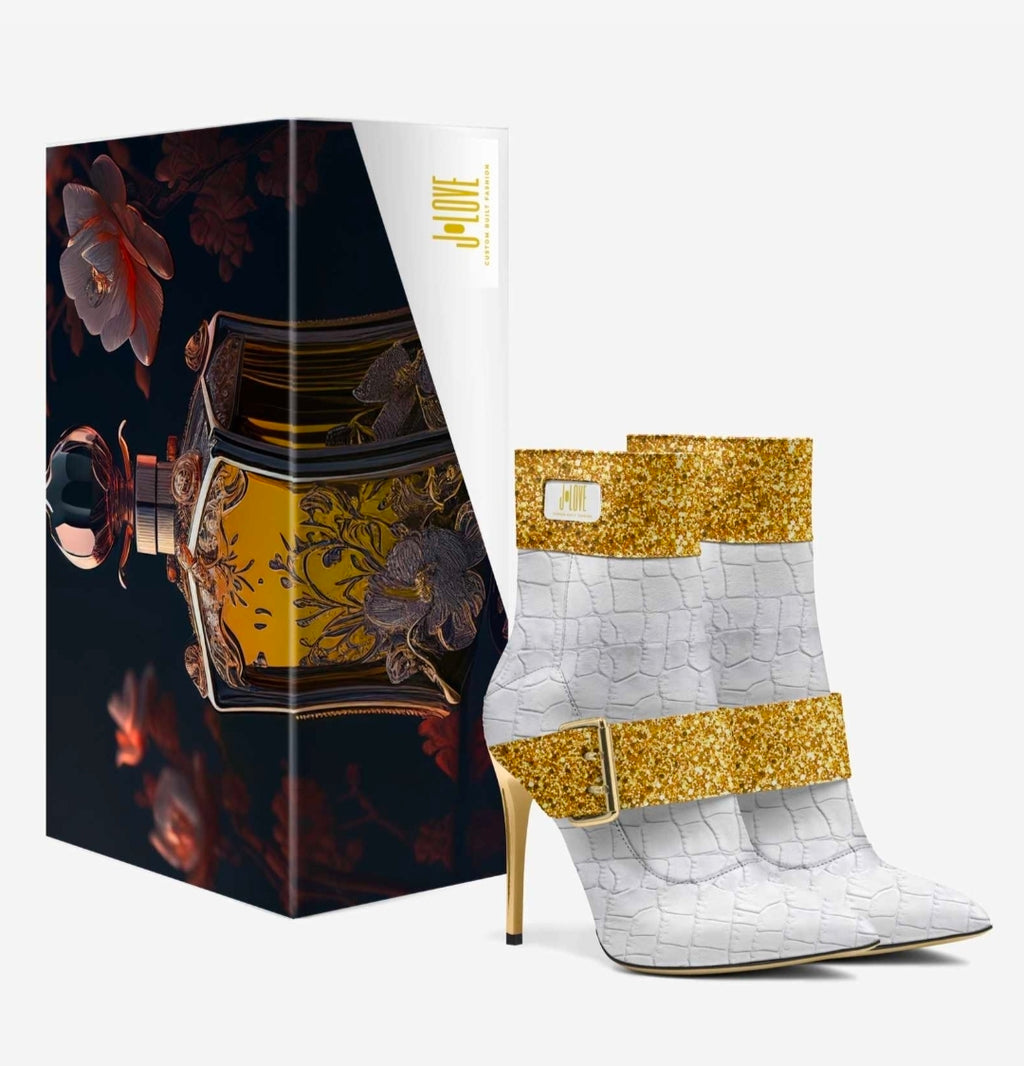 J•LOVE™ Luxe White Croc-Print Eco-Bio Leather with Gold Accents Stiletto Ankle Boots by Unique Luxe Designer Jennifer Michener