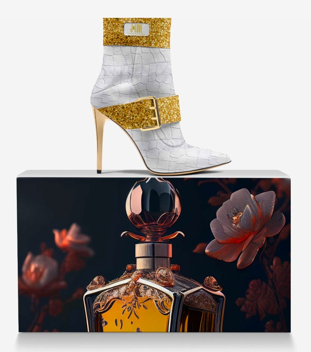 J•LOVE™ Luxe White Croc-Print Eco-Bio Leather with Gold Accents Stiletto Ankle Boots by Unique Luxe Designer Jennifer Michener