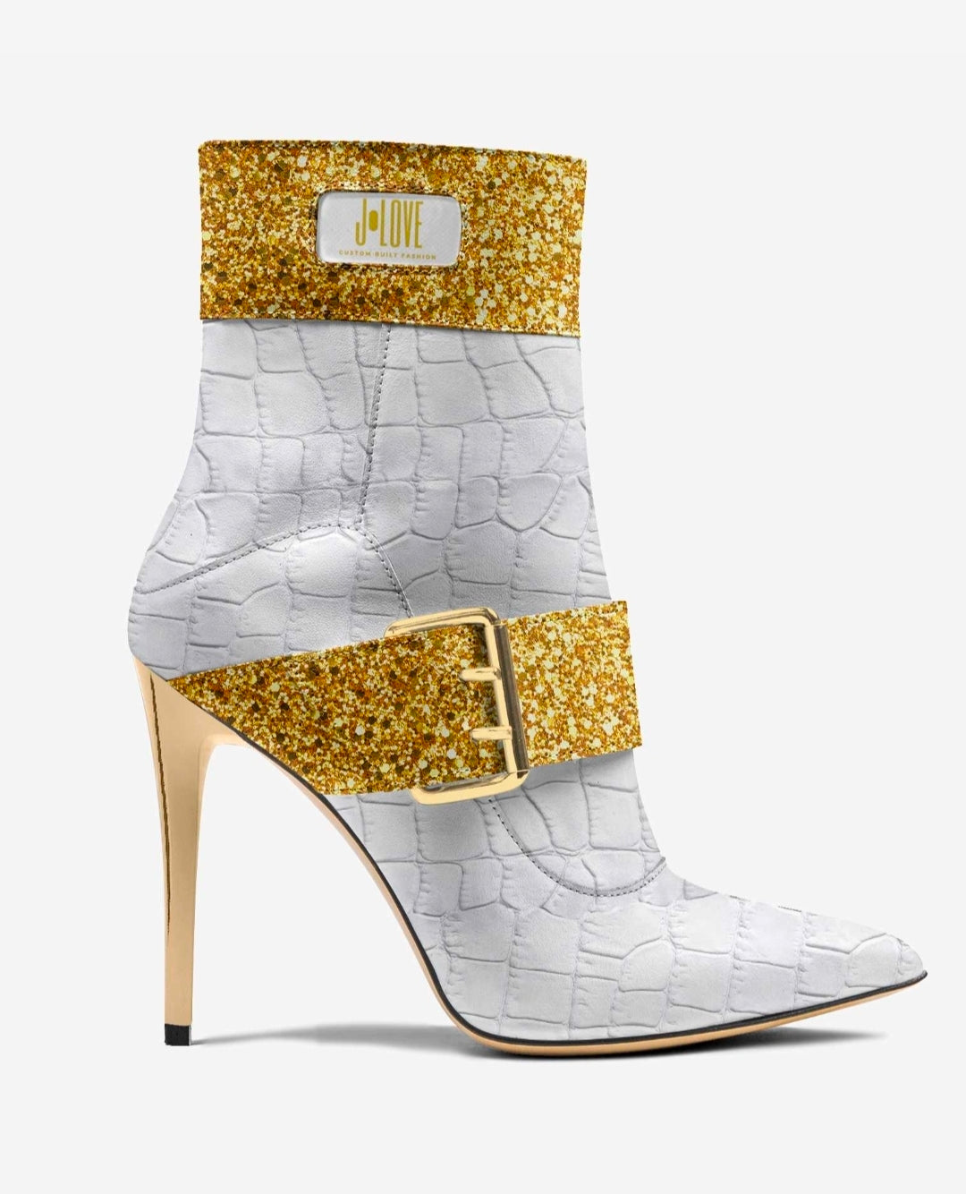 J•LOVE™ Luxe White Croc-Print Eco-Bio Leather with Gold Accents Stiletto Ankle Boots by Unique Luxe Designer Jennifer Michener