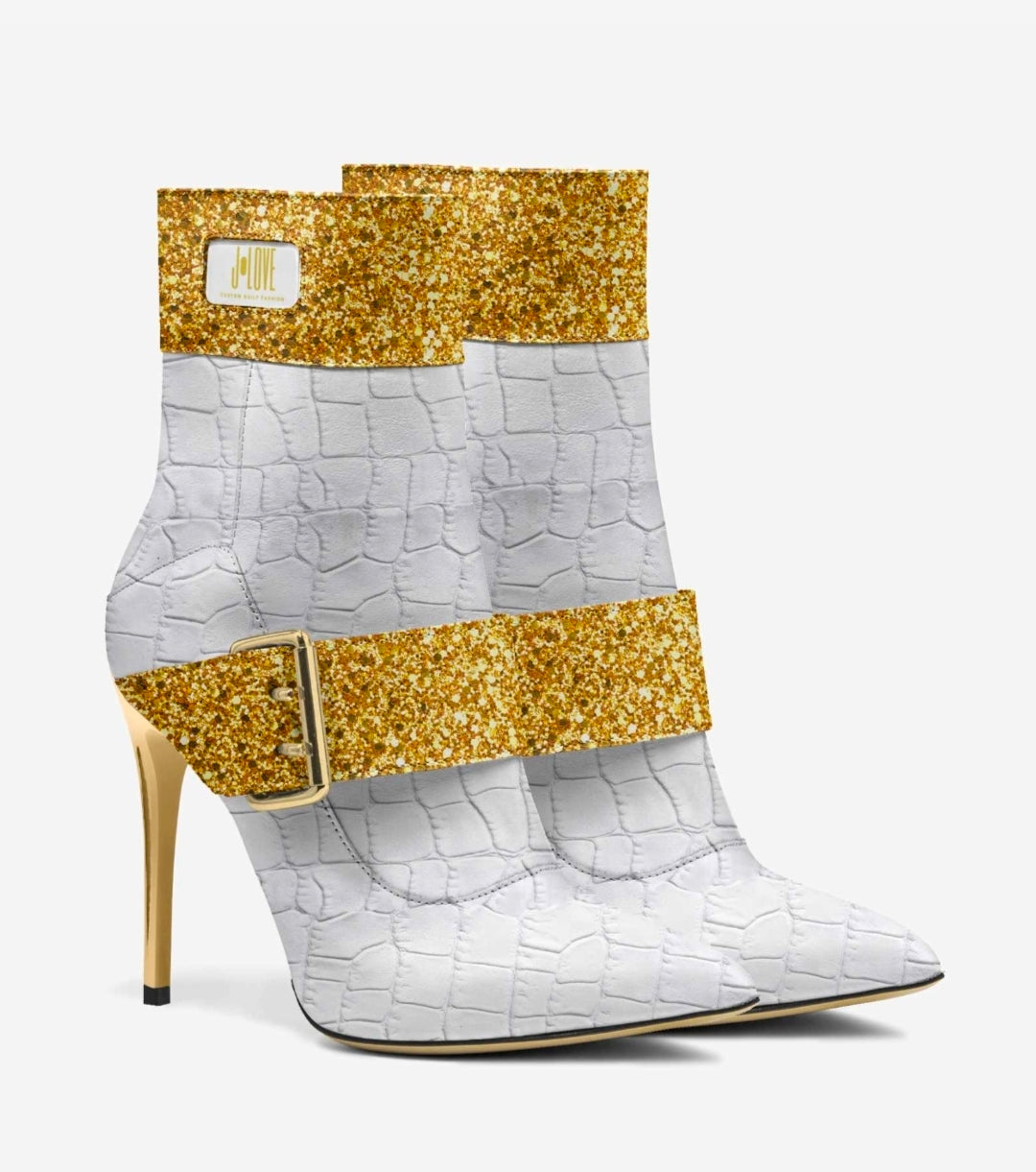 J•LOVE™ Luxe White Croc-Print Eco-Bio Leather with Gold Accents Stiletto Ankle Boots by Unique Luxe Designer Jennifer Michener
