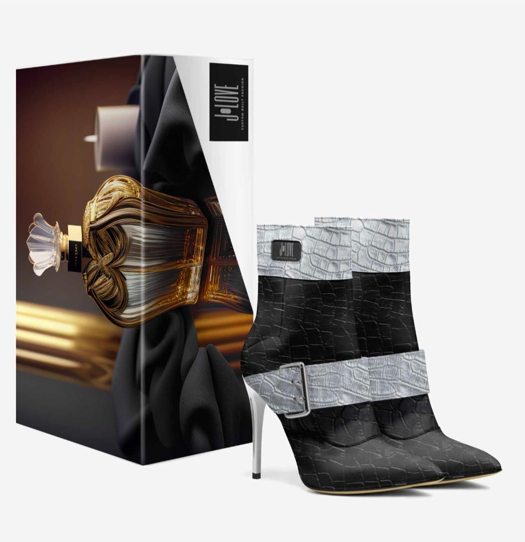 J•LOVE™ Luxe Silver & Blaque Luxe☆ Croc-Print Stiletto Ankle Boots