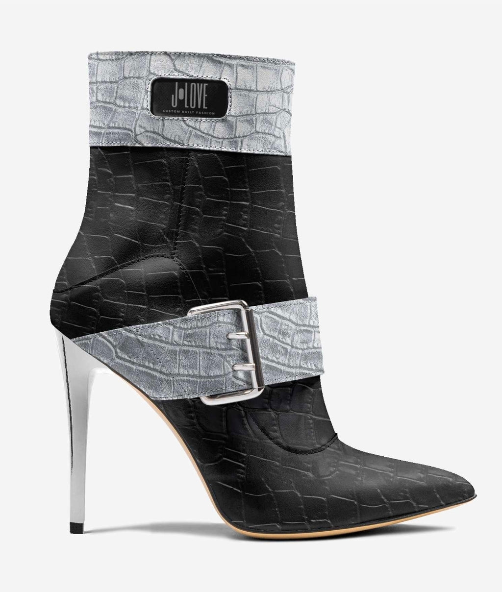 J•LOVE™ Luxe Silver & Blaque Luxe☆ Croc-Print Stiletto Ankle Boots