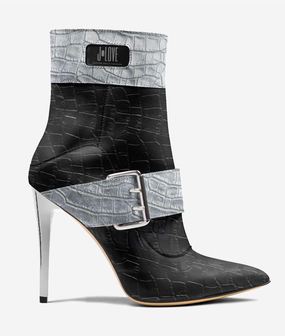 J•LOVE™ Luxe Silver & Blaque Luxe☆ Croc-Print Stiletto Ankle Boots