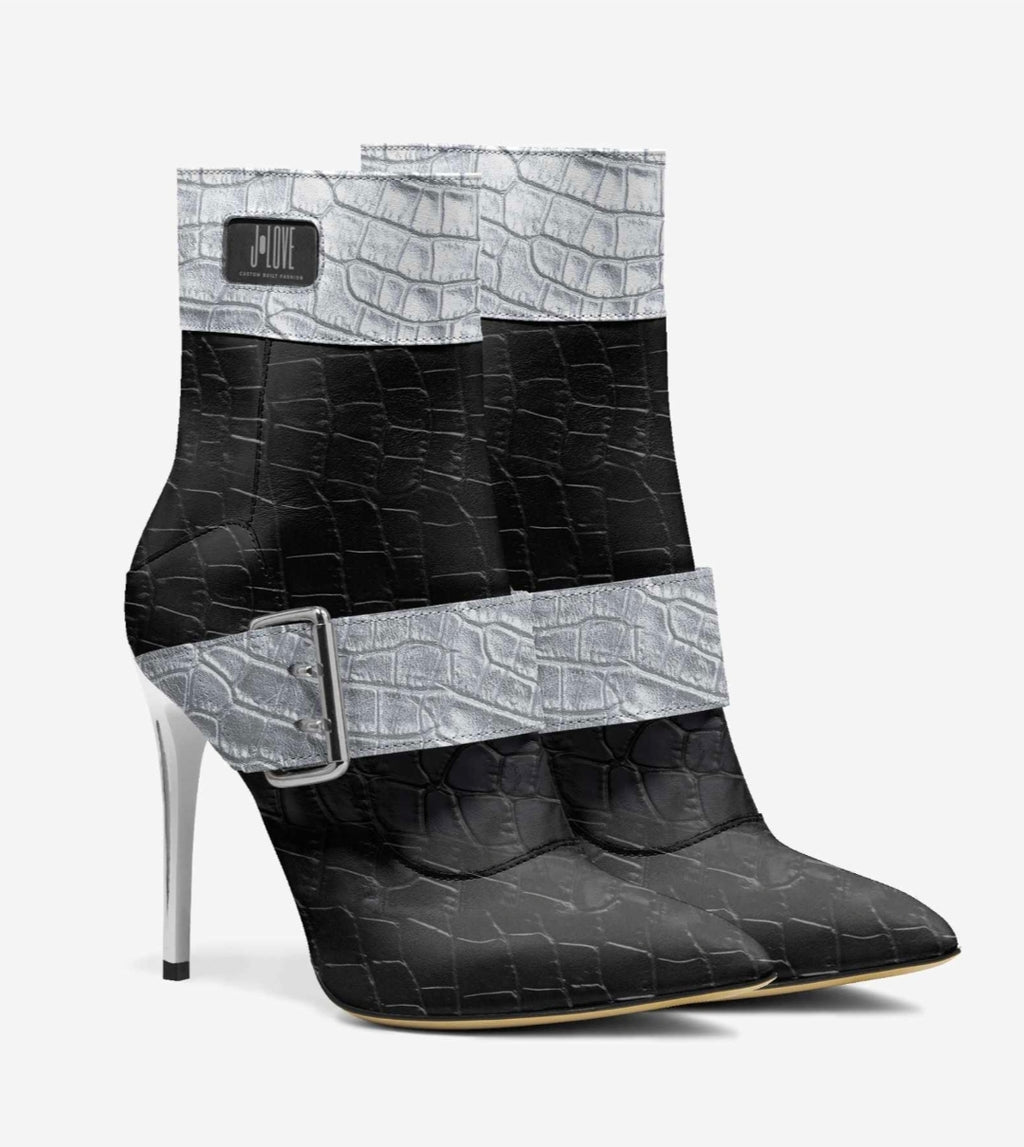 J•LOVE™ Luxe Silver & Blaque Luxe☆ Croc-Print Stiletto Ankle Boots