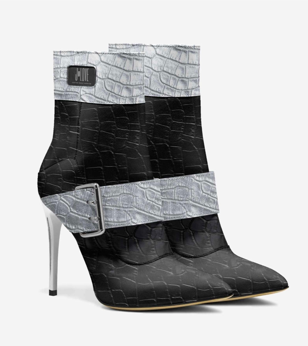 J•LOVE™ Luxe Silver & Blaque Luxe☆ Croc-Print Stiletto Ankle Boots