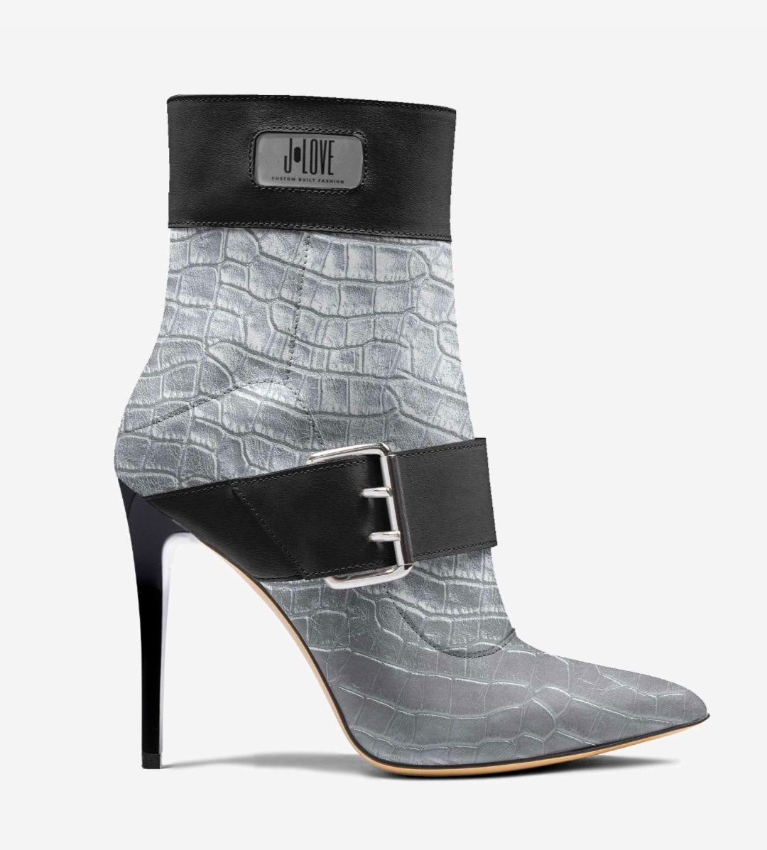 J•LOVE™ Luxe Silver & Blaque Luxe☆ Croc-Print Stiletto Ankle Boots