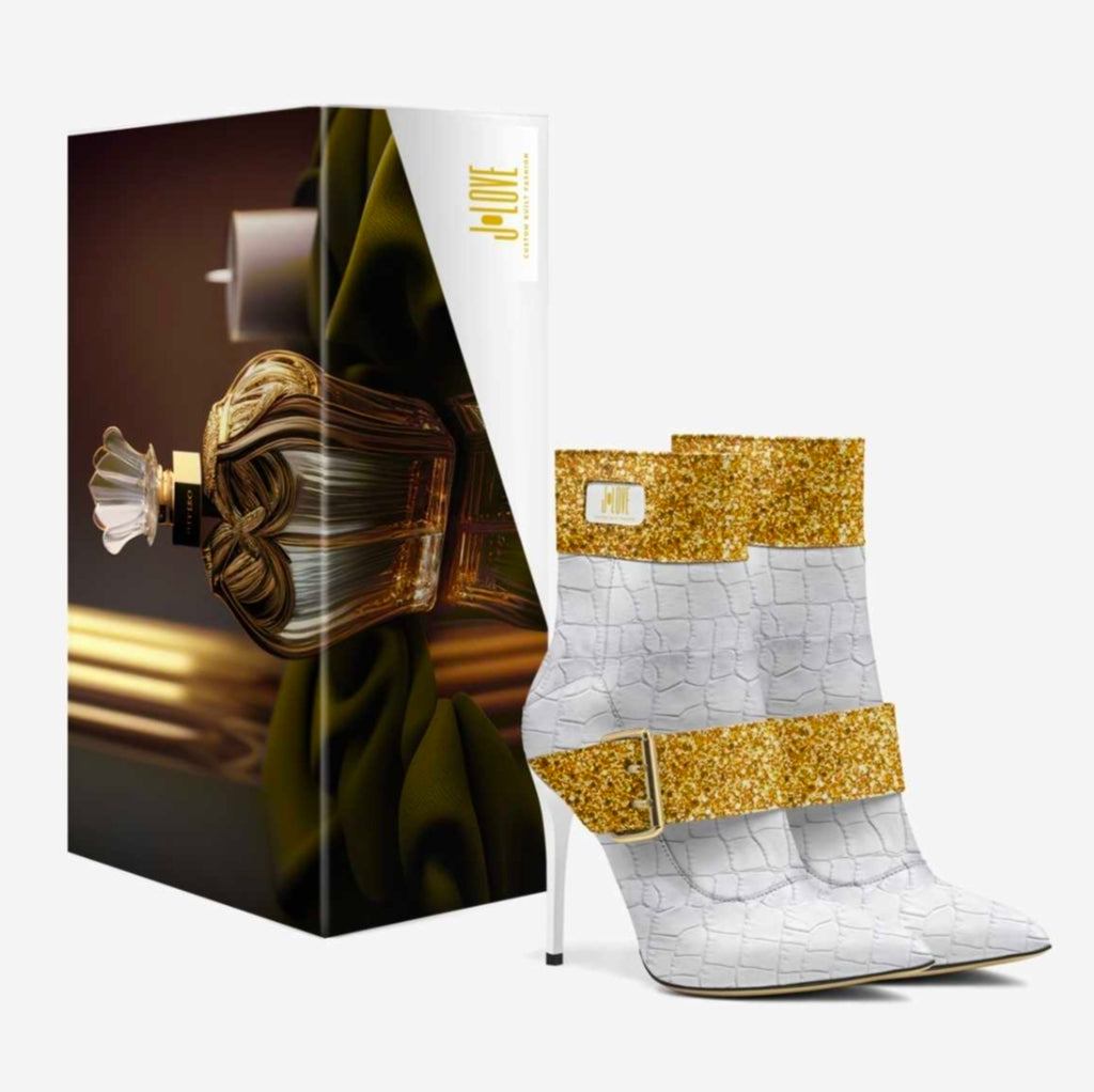 J•LOVE™ Luxe White Croc-Print Eco-Bio Leather with Gold Accents Stiletto Ankle Boots by Unique Luxe Designer Jennifer Michener