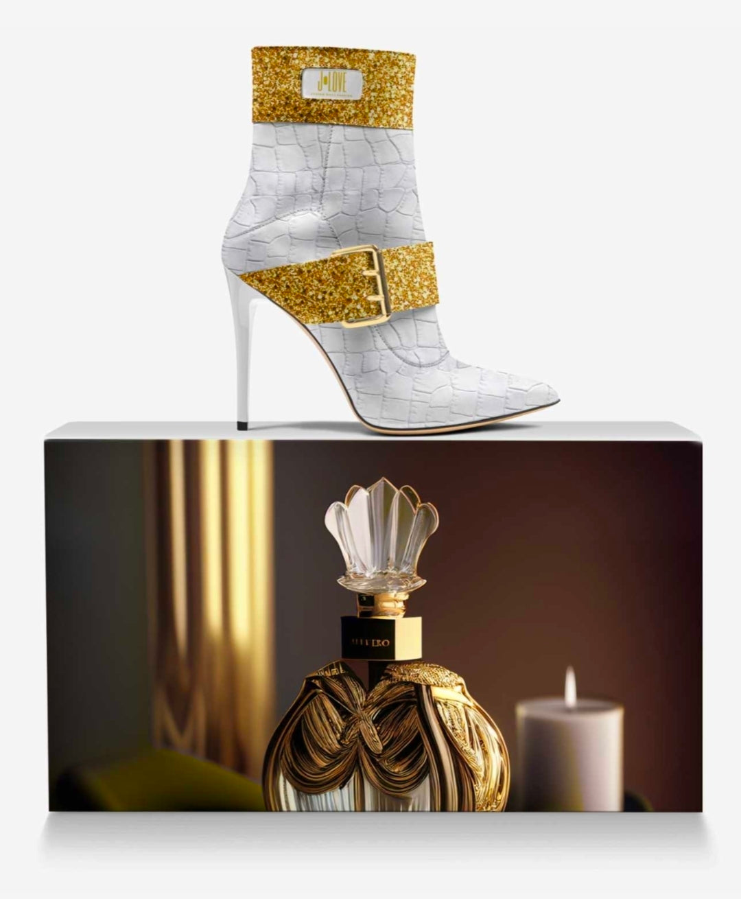 J•LOVE™ Luxe White Croc-Print Eco-Bio Leather with Gold Accents Stiletto Ankle Boots by Unique Luxe Designer Jennifer Michener