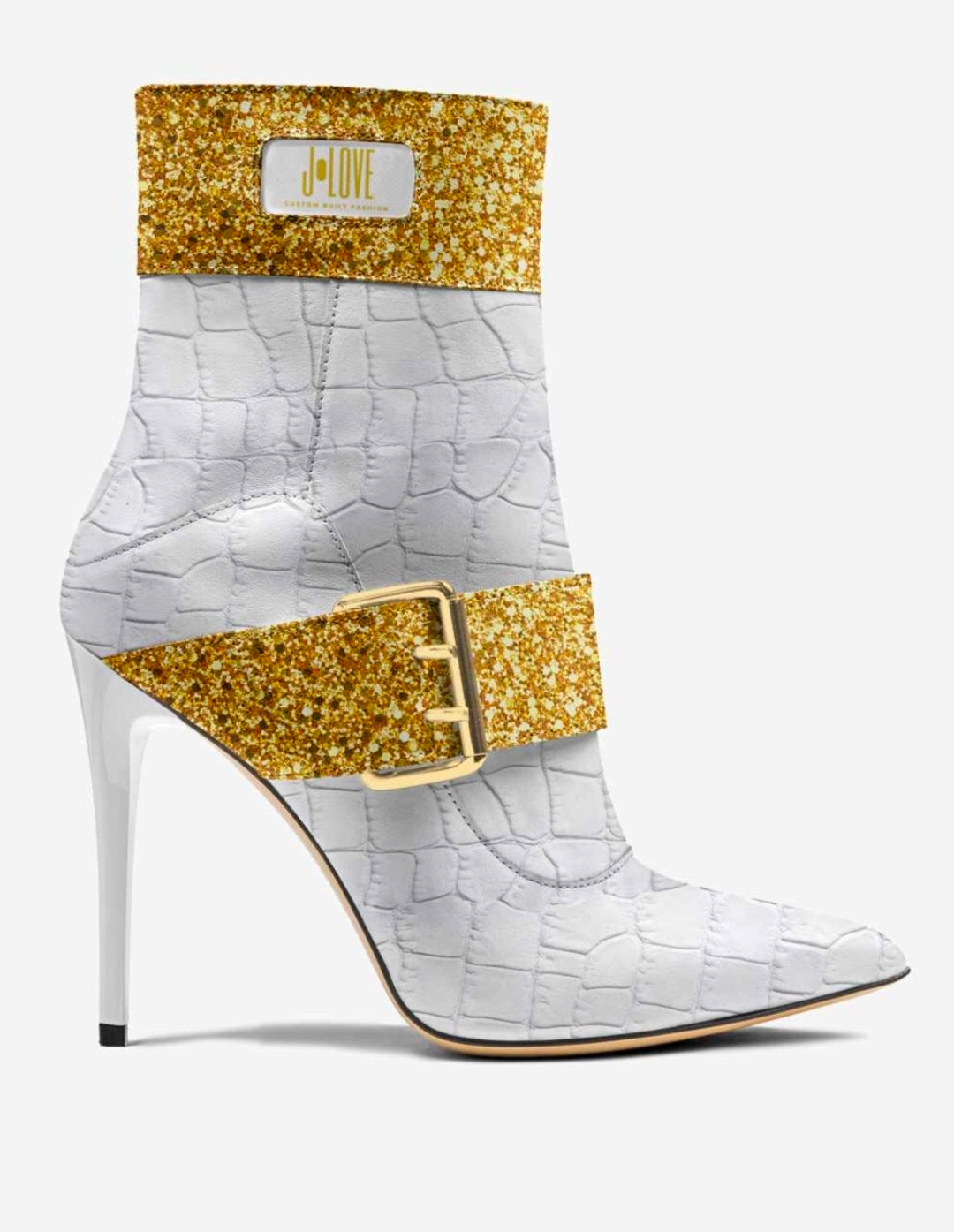 J•LOVE™ Luxe White Croc-Print Eco-Bio Leather with Gold Accents Stiletto Ankle Boots by Unique Luxe Designer Jennifer Michener