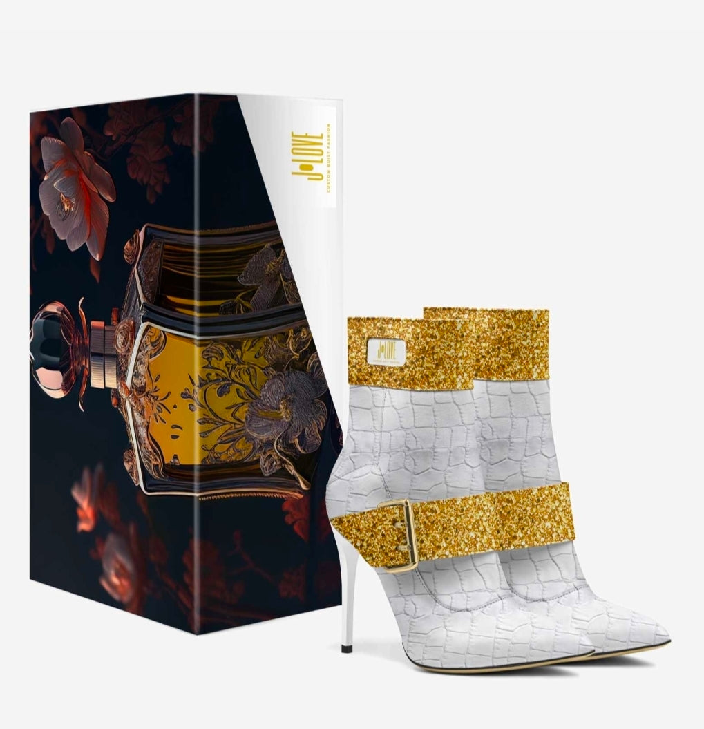 J•LOVE™ Luxe White Croc-Print Eco-Bio Leather with Gold Accents Stiletto Ankle Boots by Unique Luxe Designer Jennifer Michener