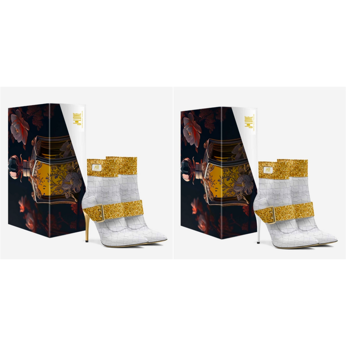 J•LOVE™ Luxe White Croc-Print Eco-Bio Leather with Gold Accents Stiletto Ankle Boots by Unique Luxe Designer Jennifer Michener
