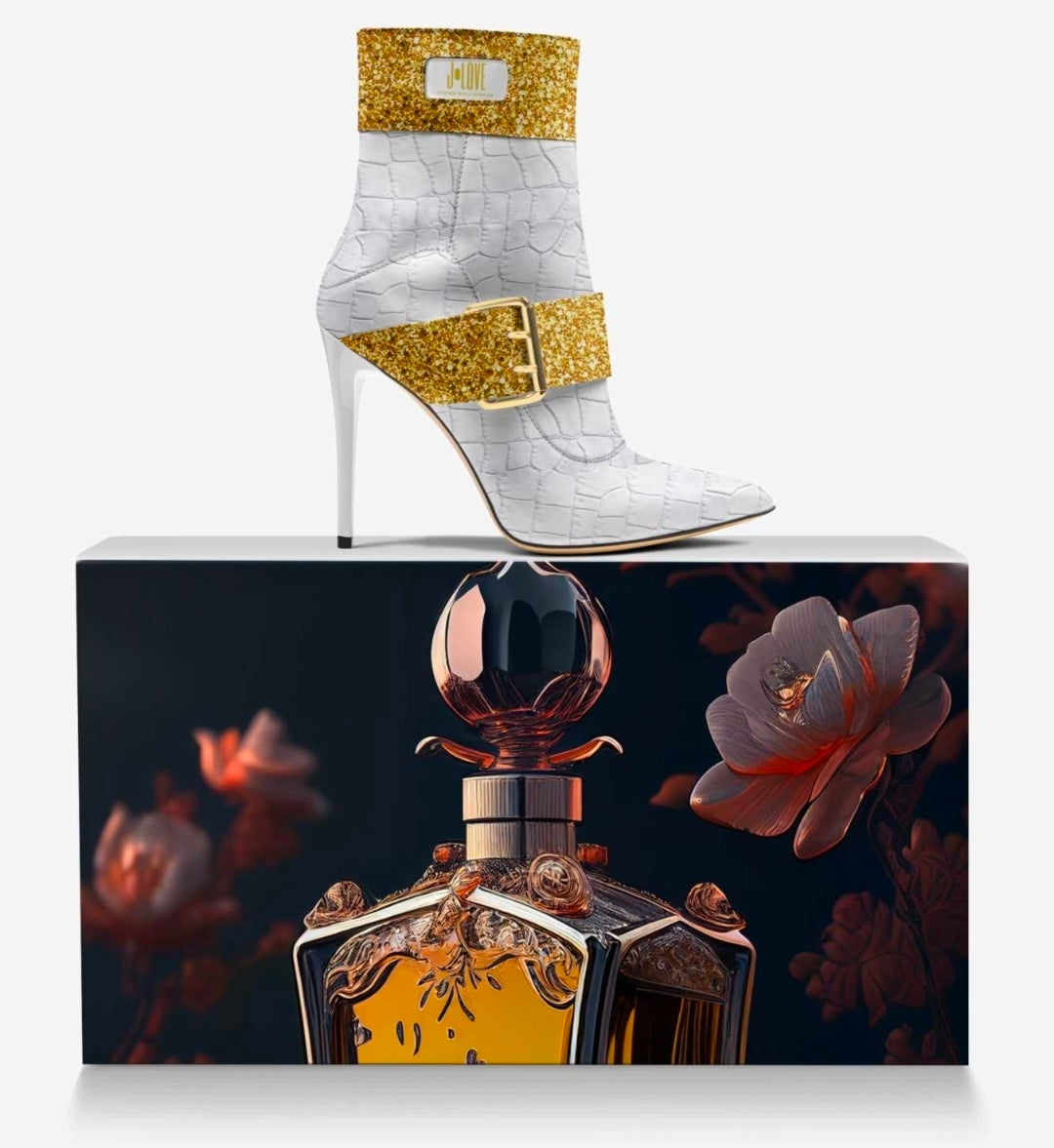 J•LOVE™ Luxe White Croc-Print Eco-Bio Leather with Gold Accents Stiletto Ankle Boots by Unique Luxe Designer Jennifer Michener