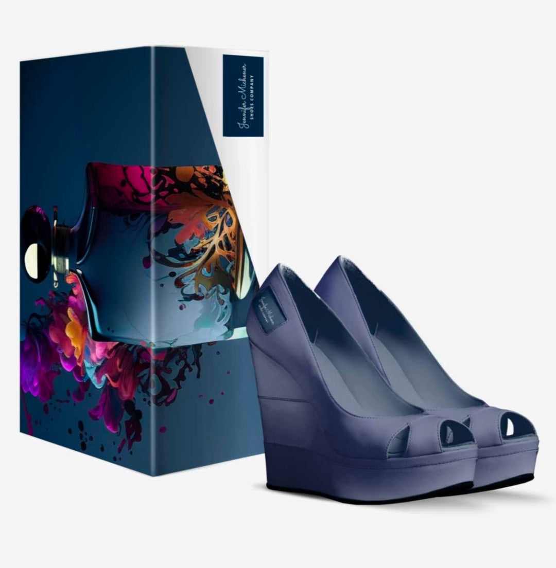 Navy Blue Eco Bio Vegan Leather Peep-Toe Wedges