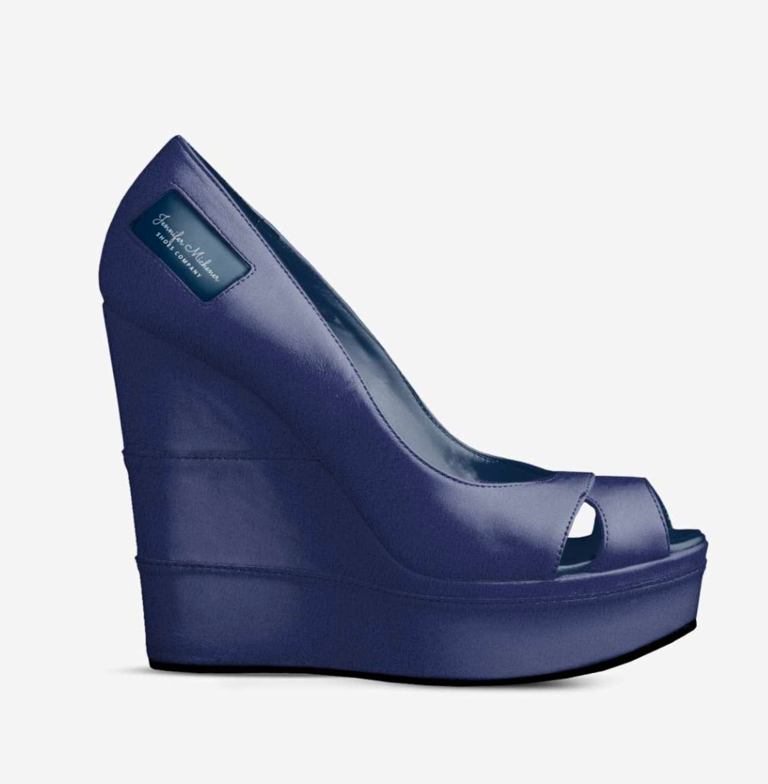 Navy Blue Eco Bio Vegan Leather Peep-Toe Wedges