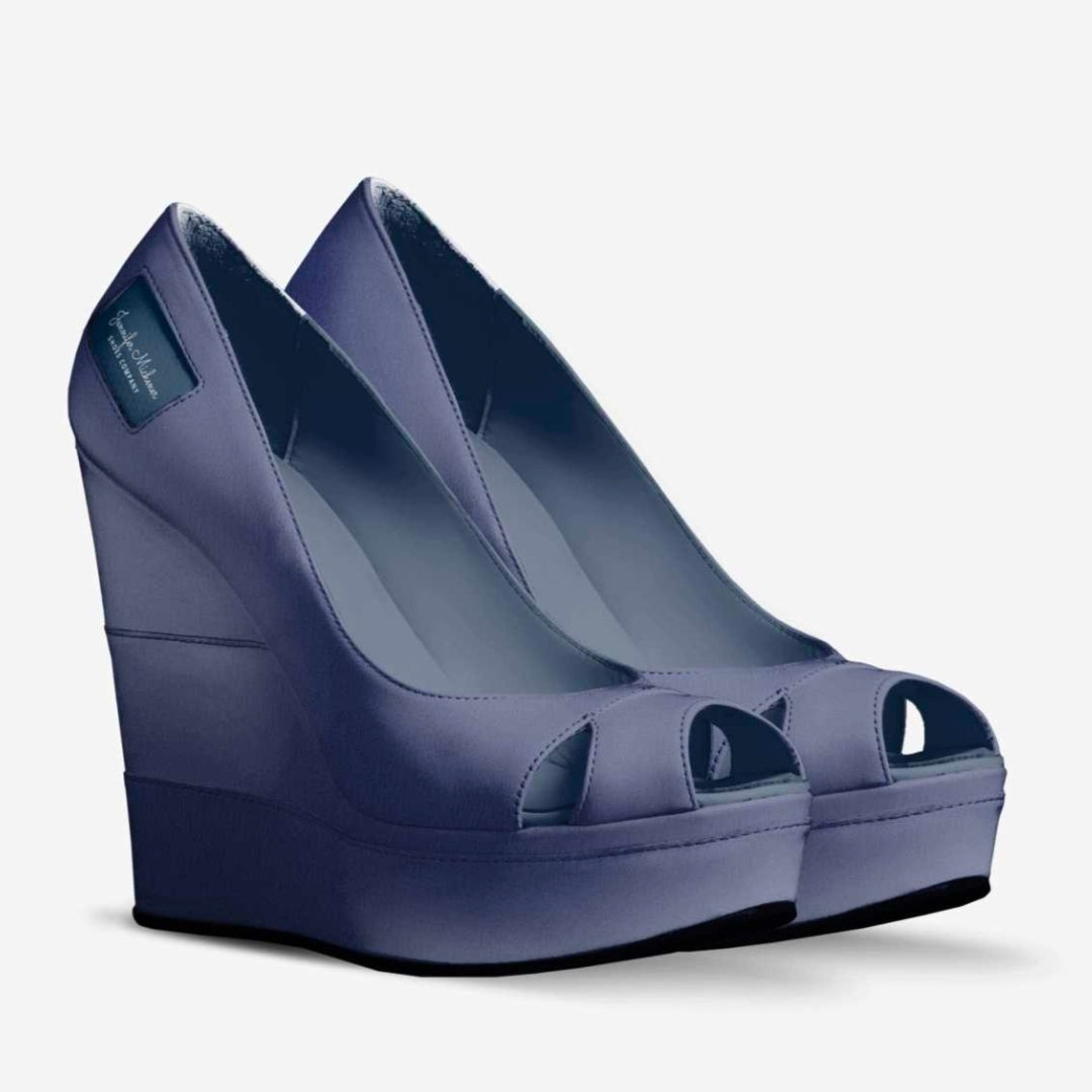 Navy Blue Eco Bio Vegan Leather Peep-Toe Wedges