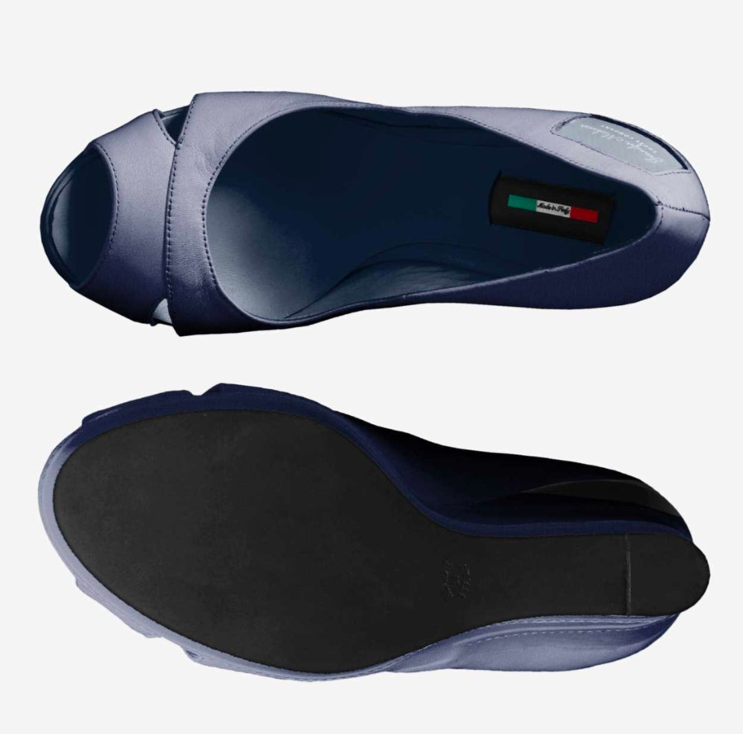 Navy Blue Eco Bio Vegan Leather Peep-Toe Wedges