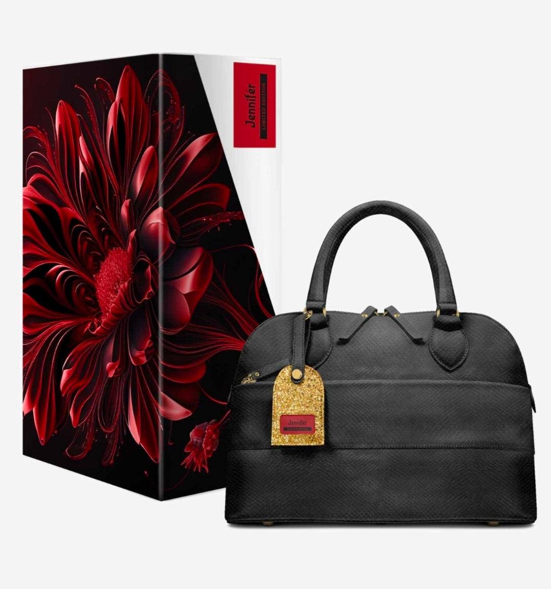 Jennifér™ Limited Edition Luxe Blaque, Gold and Red Eco-bio Premium Leather Python Print Luxe Handbag