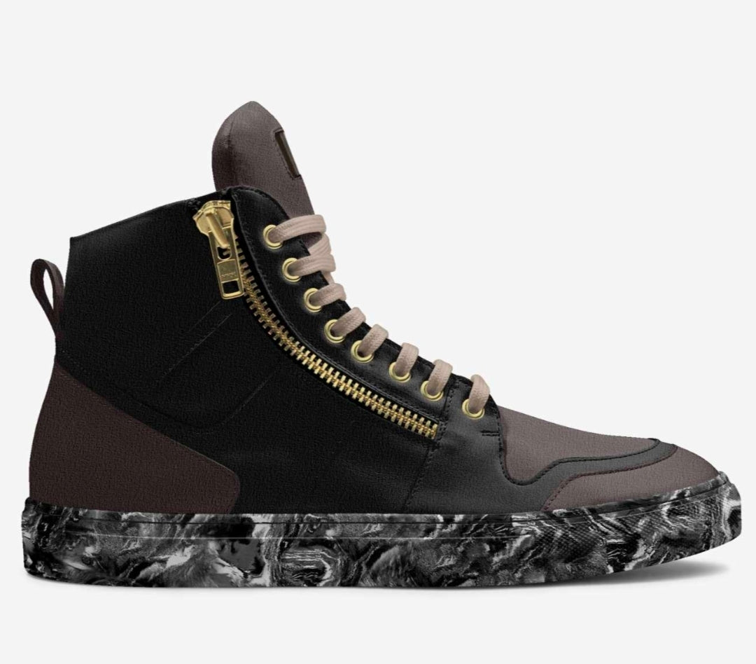 Moxex™ Blaque & Taupe Luxury High Top Sneakers with a Gold Side Zipper