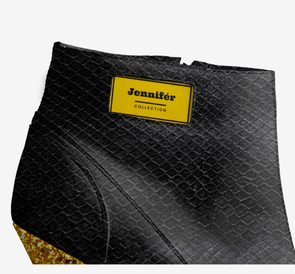 Jennifér™ Luxe Python Print Black and Gold Heels with a Gold Label