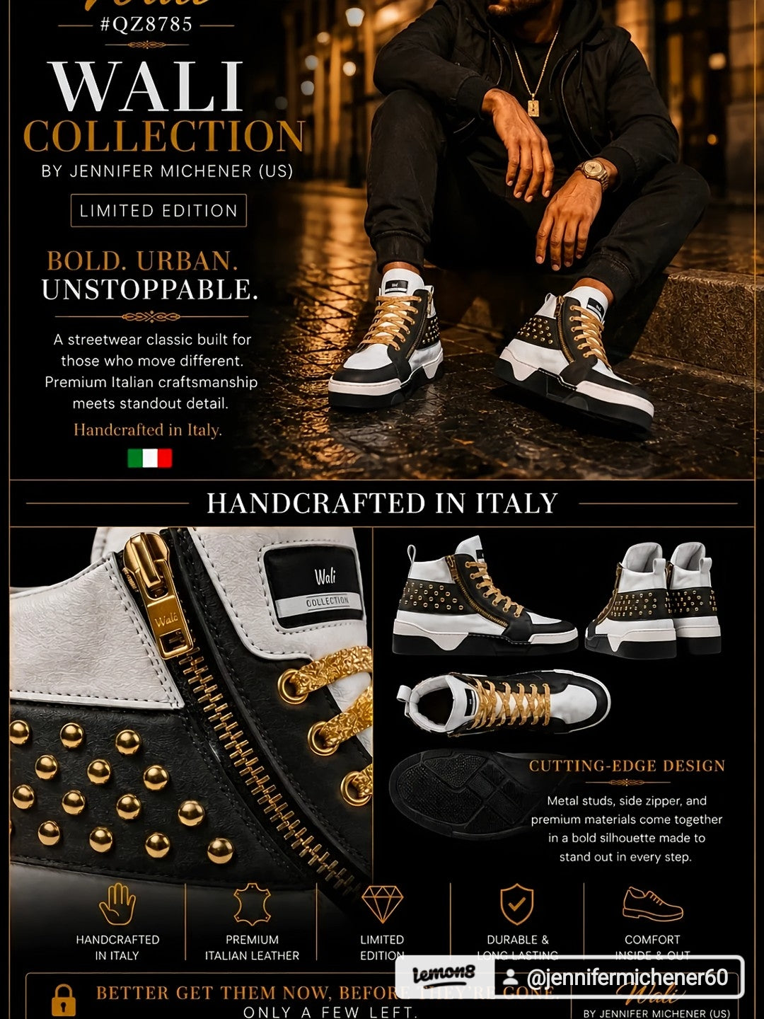 Wali™ Luxe Blaque, White and Gold studded high-tops with Gold laces and a side Zipper