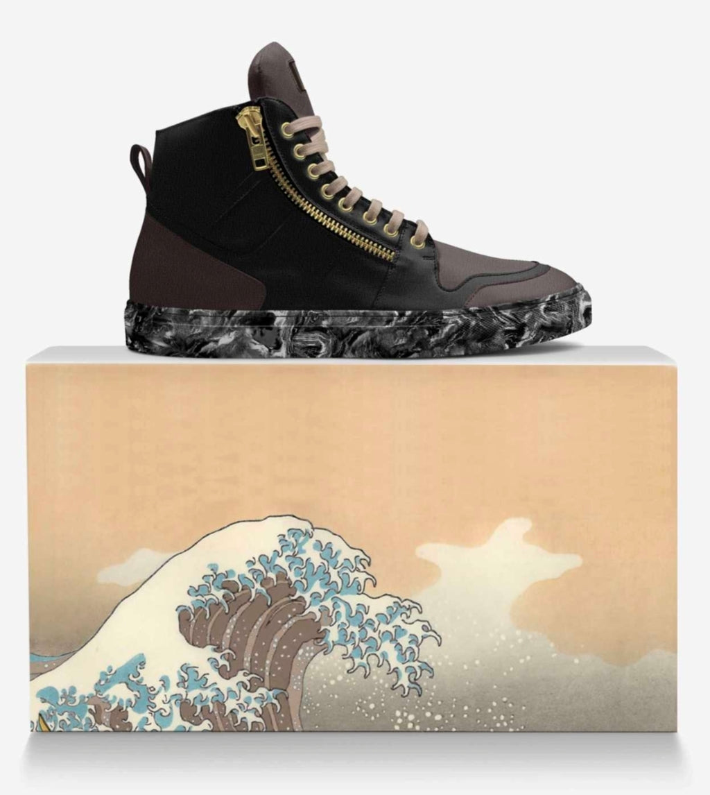 Moxex™ Blaque & Taupe Luxury High Top Sneakers with a Gold Side Zipper