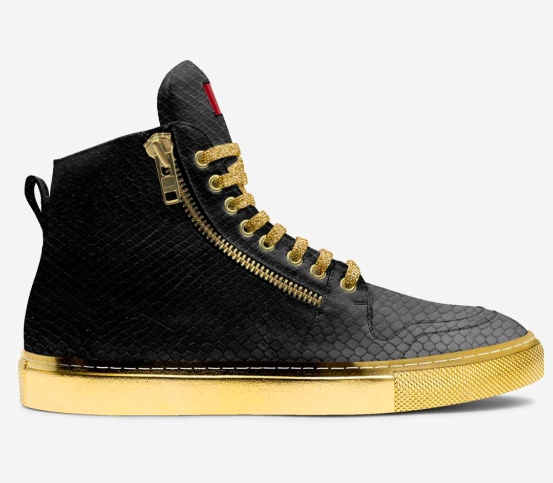 Wali™ Luxe Blaque & Gold Python Print High Top Sneakers with Red Label, Side Zipper and Gold Rubber Soles