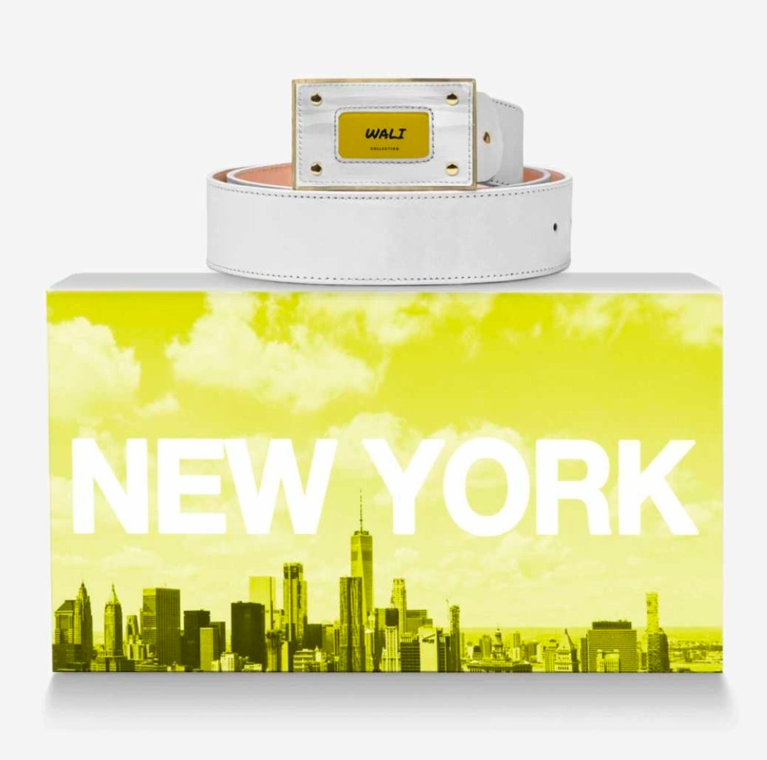 WALI™ White Luxe Italian Leather Belt with Gold Buckle & Golden Signature Plaque