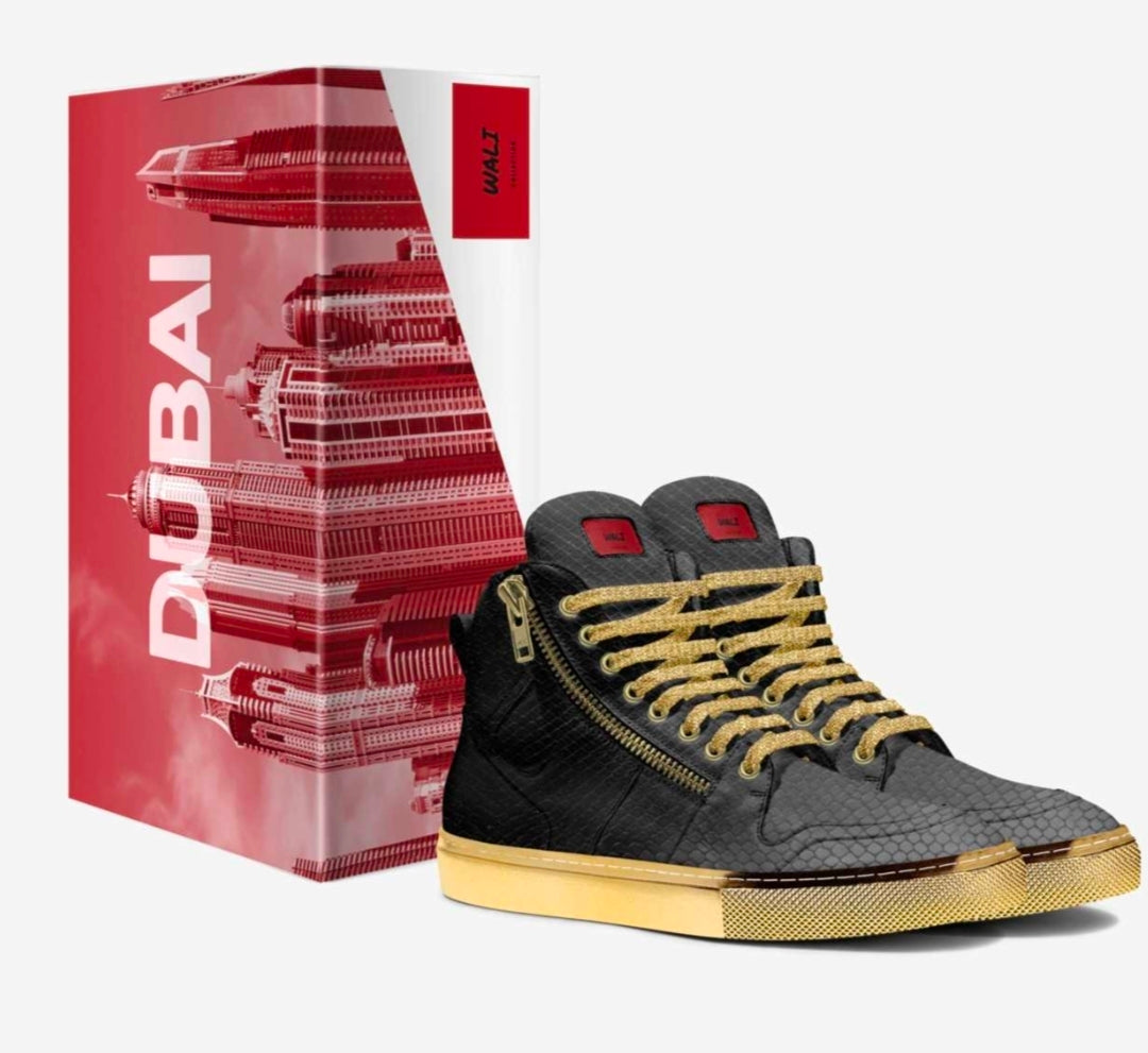 Wali™ Luxe Blaque & Gold Python Print High Top Sneakers with Red Label, Side Zipper and Gold Rubber Soles