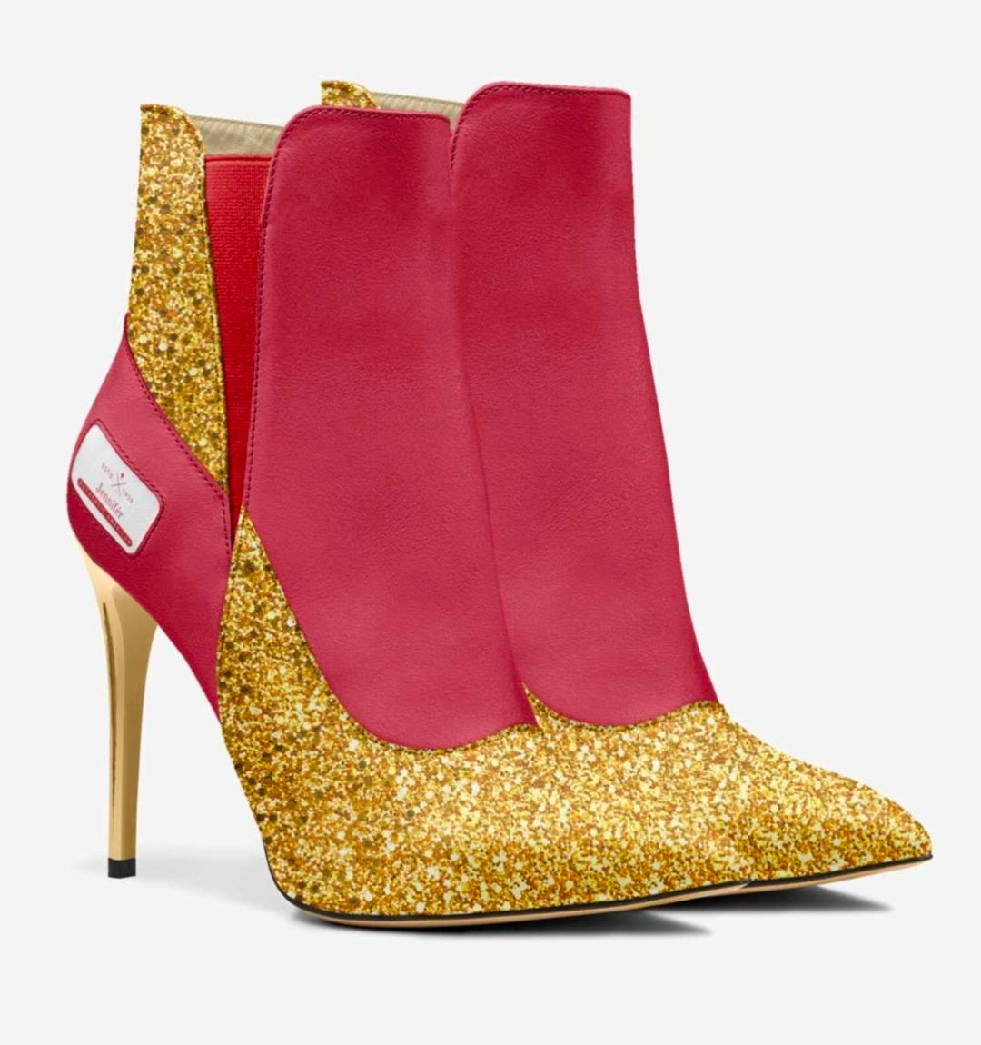 Jennifér™ 
Gold & Red Luxe HIGH-HEEL SLIP-ON BOOT with Gold heels