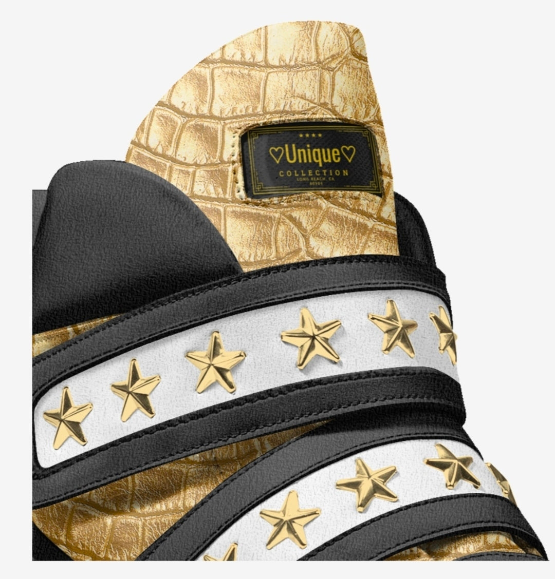 Unique™ Blaque, White and Gold Luxury Three strap High Top Sneakers