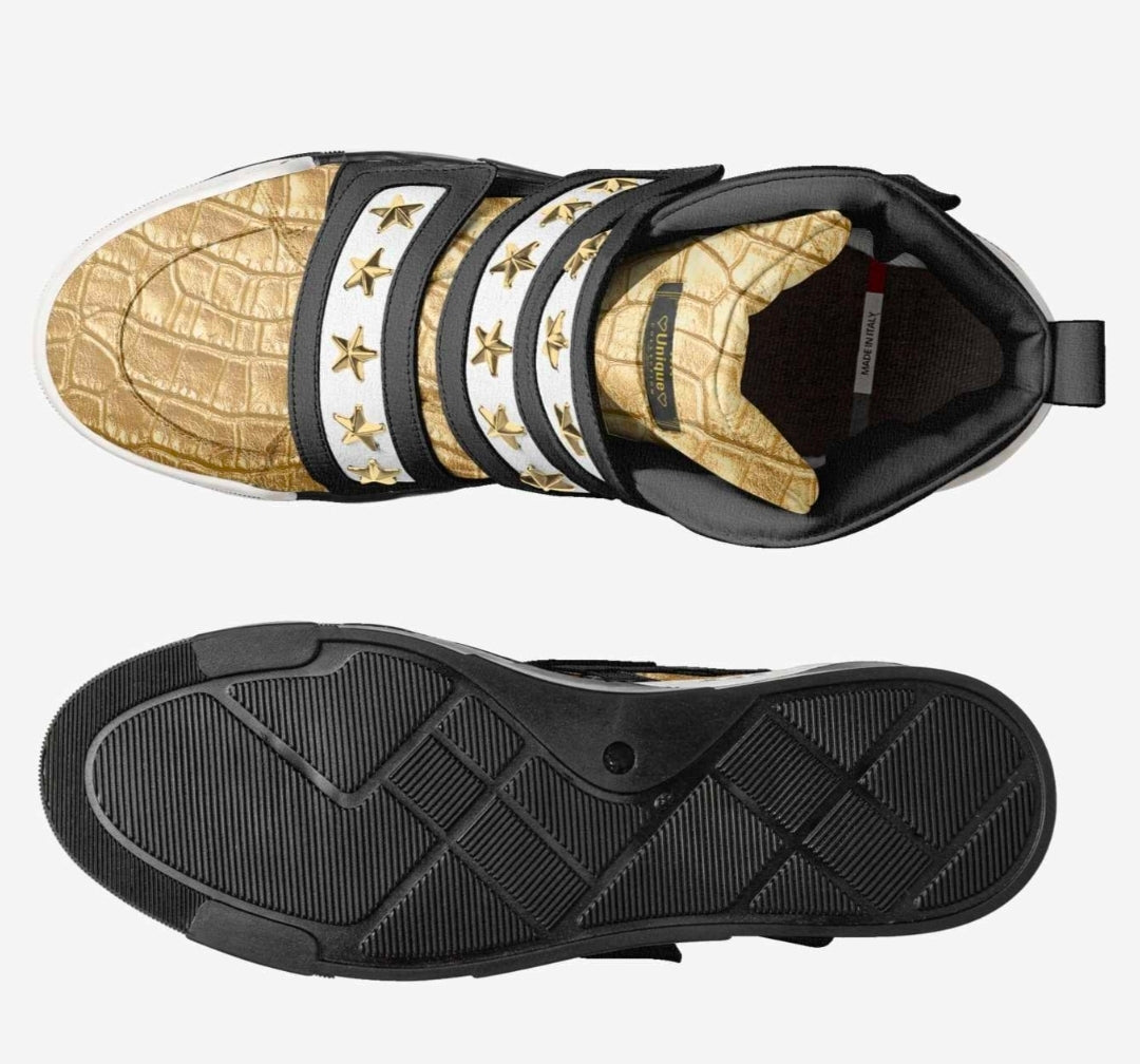 Unique™ Blaque, White and Gold Luxury Three strap High Top Sneakers