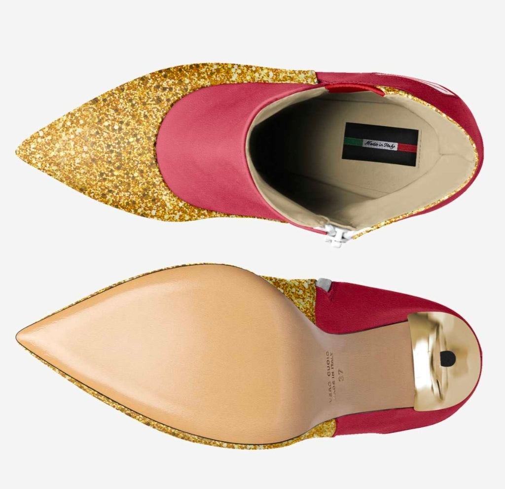 Jennifér™ 
Gold & Red Luxe HIGH-HEEL SLIP-ON BOOT with Gold heels